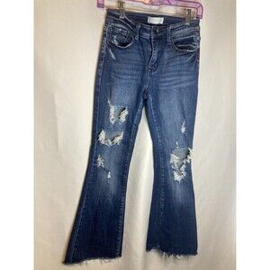 Petra 153 Jeans Size 5/26 Distressed Frayed Flare Blue Denim Raw Hem Mid Rise